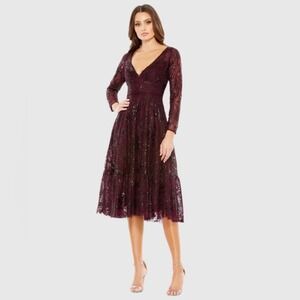 NEW MAC DUGGAL Lace Gown Long Sleeve Ruffle Formal MIDI Dress 18 WINE‎ 68001